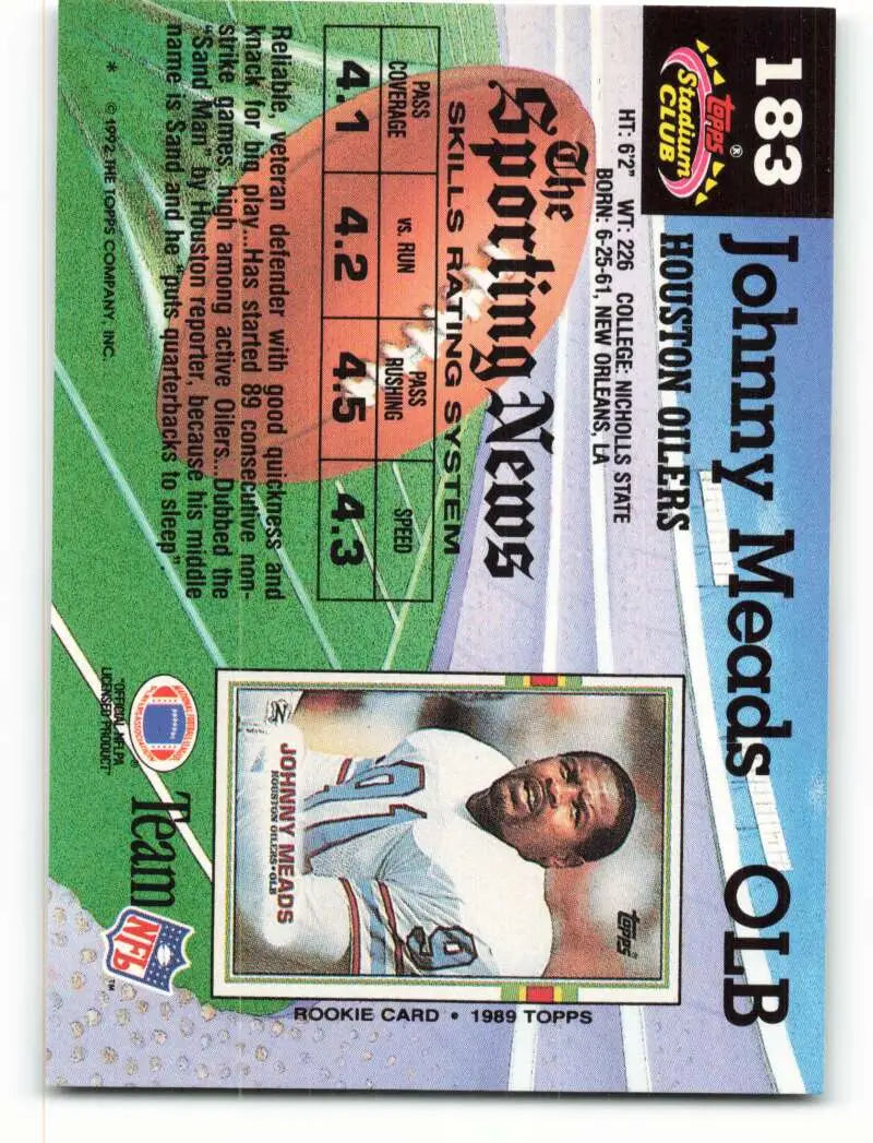 1992 Topps Stadium Club #183 Johnny Meads EX Excellent Houston Oilers Football Card - Football Card Single