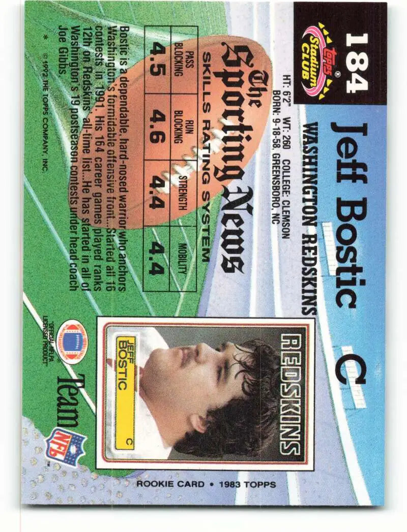 1992 Topps Stadium Club #184 Jeff Bostic EX Excellent Washington Redskins Football Card