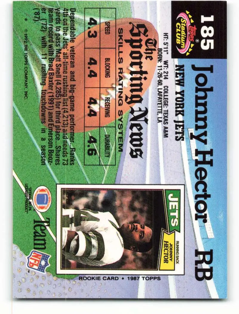 1992 Topps Stadium Club #185 Johnny Hector EX Excellent New York Jets Football Card - Football Card Single