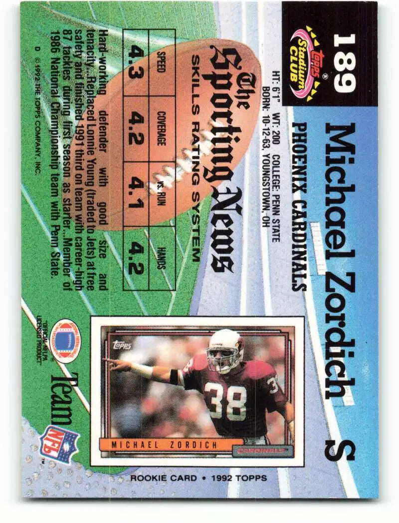 1992 Topps Stadium Club #189 Michael Zordich EX Excellent RC Rookie Phoenix Cardinals Football Card