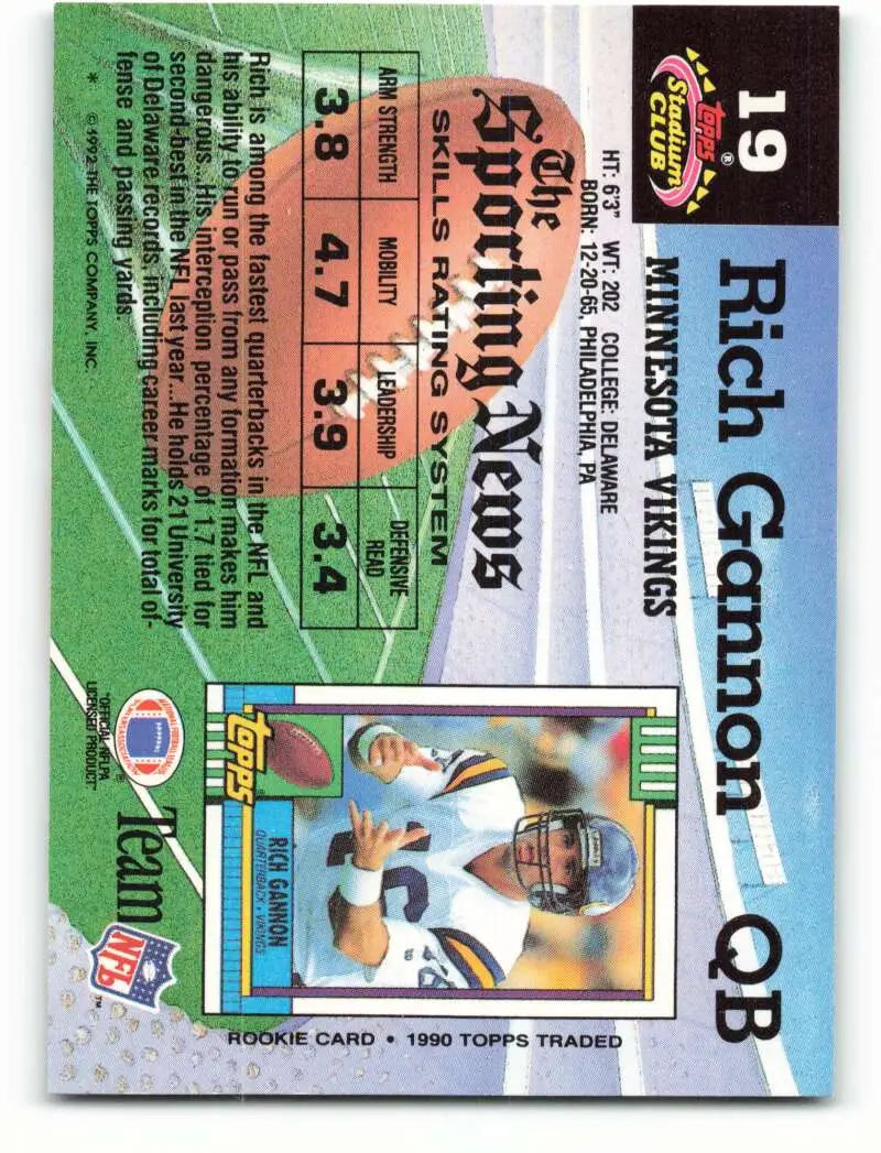 1992 Topps Stadium Club #19 Rich Gannon EX Excellent Minnesota Vikings Football Card - Football Card Single