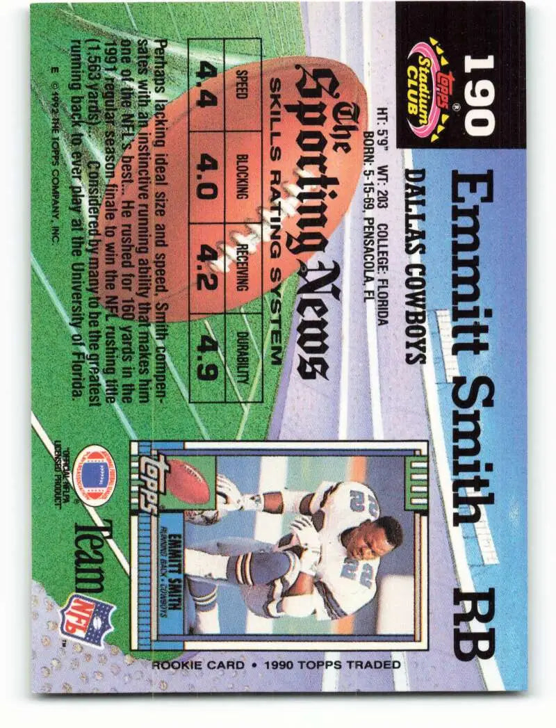 1992 Topps Stadium Club #190 Emmitt Smith EX Excellent Dallas Cowboys Football Card - Football Card Single