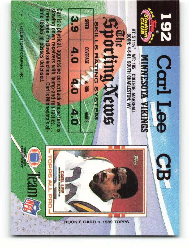 1992 Topps Stadium Club #192 Carl Lee EX Excellent Minnesota Vikings Football Card - Football Card Single