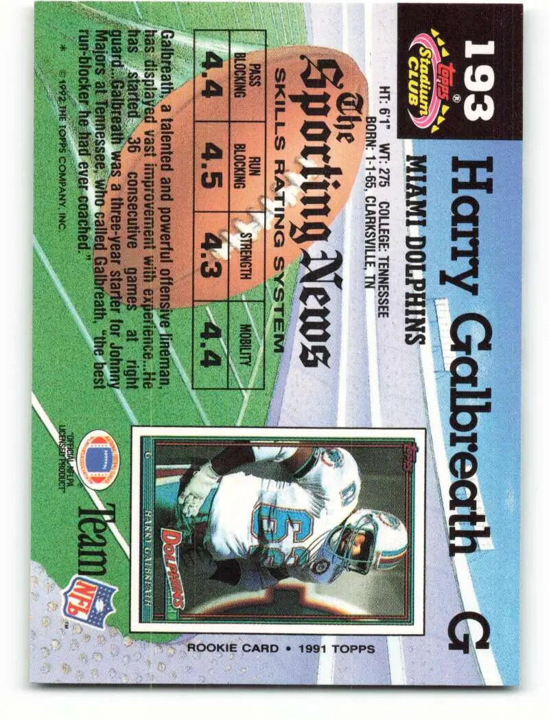 1992 Topps Stadium Club #193 Harry Galbreath EX Excellent Miami Dolphins Football Card - Football Card Single
