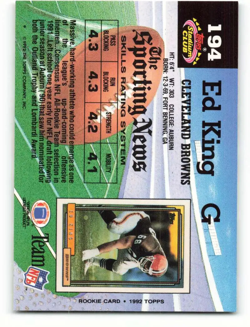 1992 Topps Stadium Club #194 Ed King EX Excellent Cleveland Browns Football Card - Football Card Single