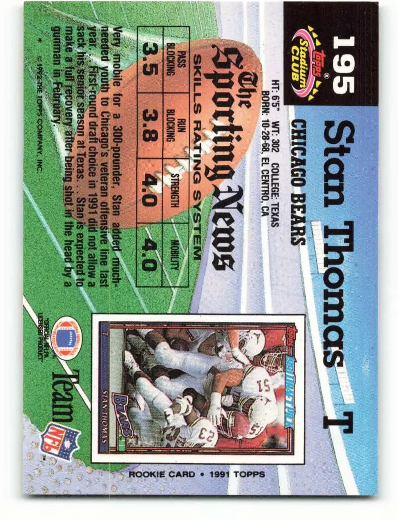1992 Topps Stadium Club #195 Stan Thomas EX Excellent Chicago Bears Football Card - Football Card Single