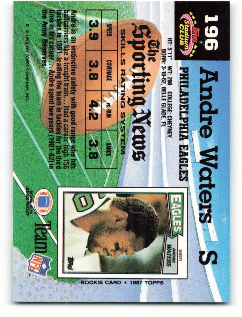 1992 Topps Stadium Club #196 Andre Waters EX Excellent Philadelphia Eagles Football Card - Football Card Single