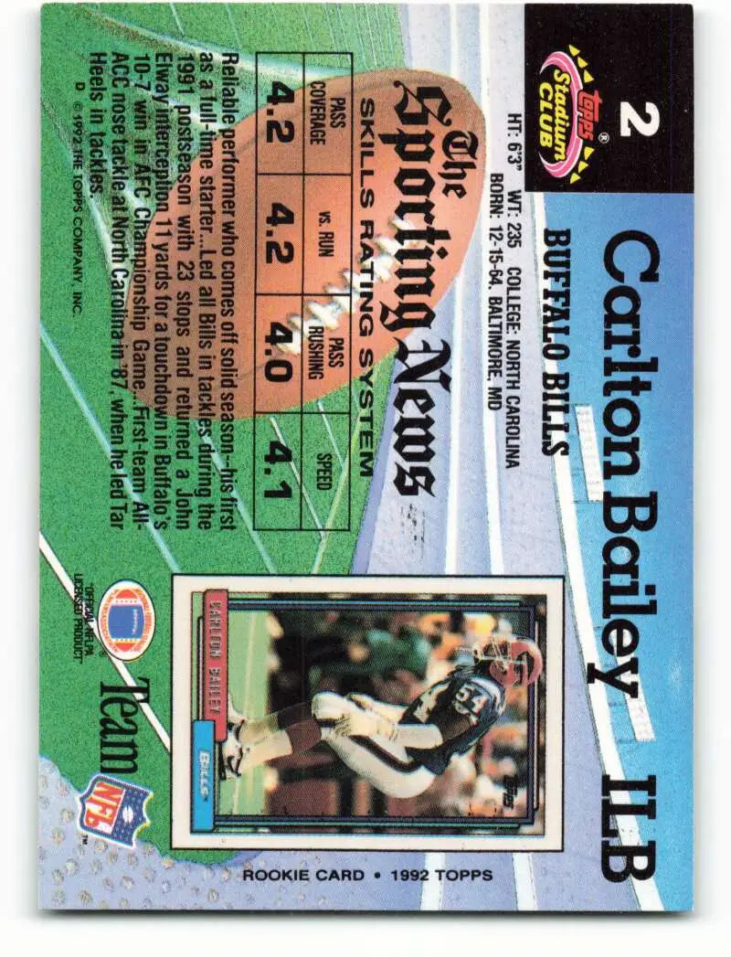 1992 Topps Stadium Club #2 Carlton Bailey EX Excellent RC Rookie Buffalo Bills Football Card - Football Card Single