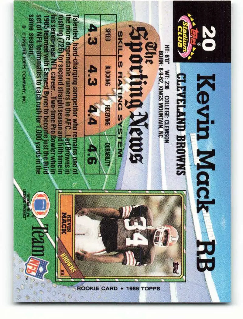1992 Topps Stadium Club #20 Kevin Mack EX Excellent Cleveland Browns Football Card - Football Card Single