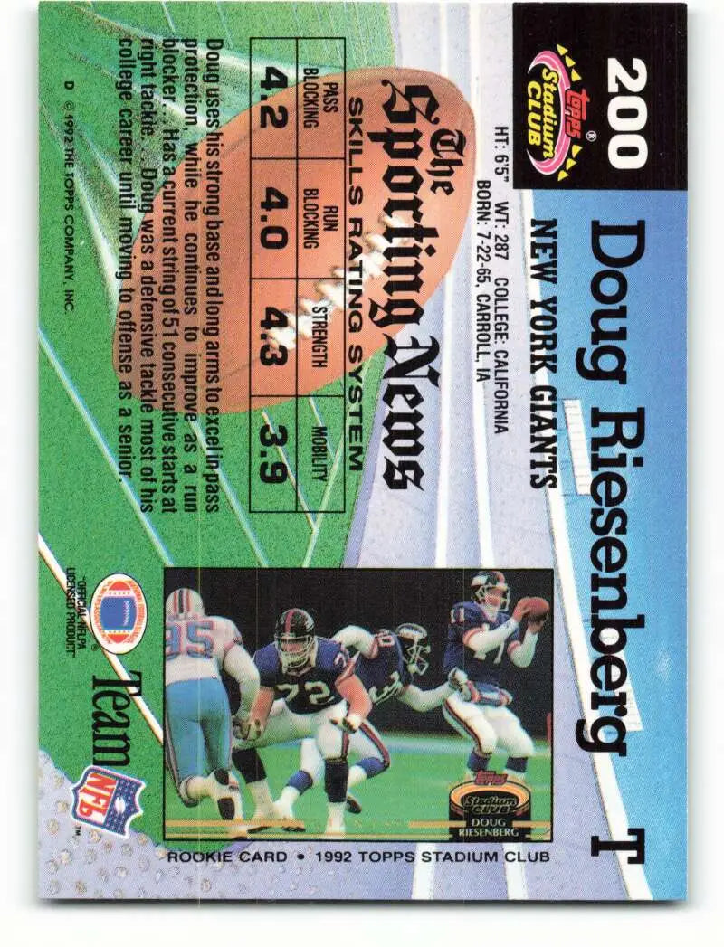 1992 Topps Stadium Club #200 Doug Riesenberg EX Excellent New York Giants Football Card - Football Card Single