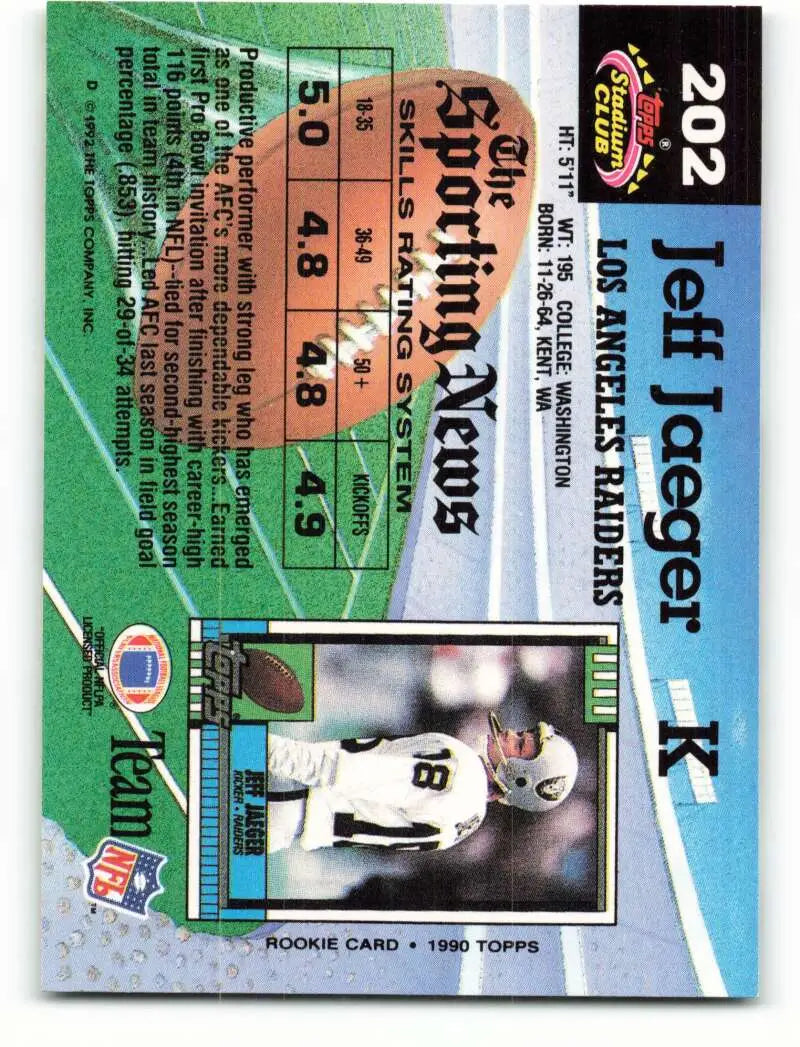 1992 Topps Stadium Club #202 Jeff Jaeger EX Excellent Los Angeles Raiders Football Card - Football Card Single