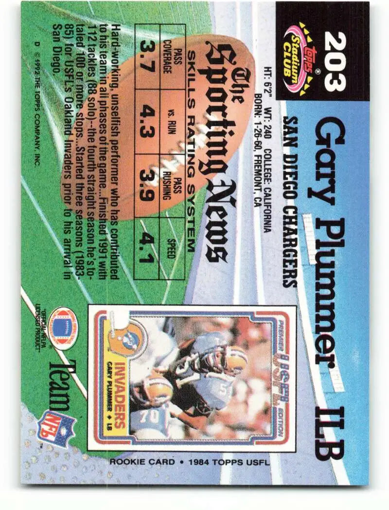 1992 Topps Stadium Club #203 Gary Plummer EX Excellent San Diego Chargers Football Card