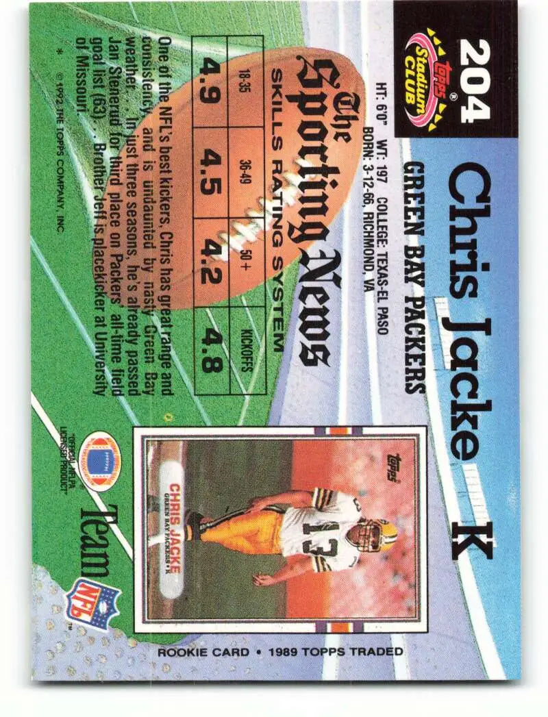 1992 Topps Stadium Club #204 Chris Jacke EX Excellent Green Bay Packers Football Card
