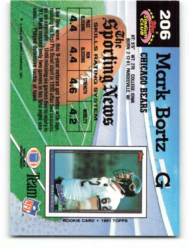 1992 Topps Stadium Club #206 Mark Bortz EX Excellent Chicago Bears Football Card - Football Card Single