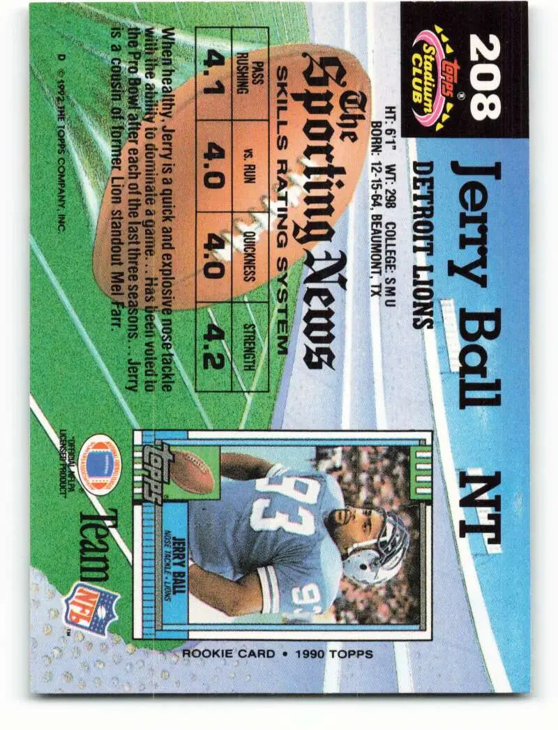 1992 Topps Stadium Club #208 Jerry Ball EX Excellent Detroit Lions Football Card - Football Card Single