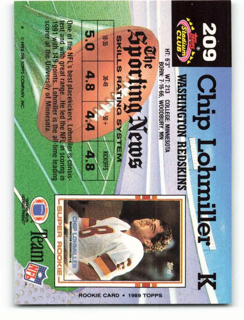 1992 Topps Stadium Club #209 Chip Lohmiller EX Excellent Washington Redskins Football Card - Football Card Single