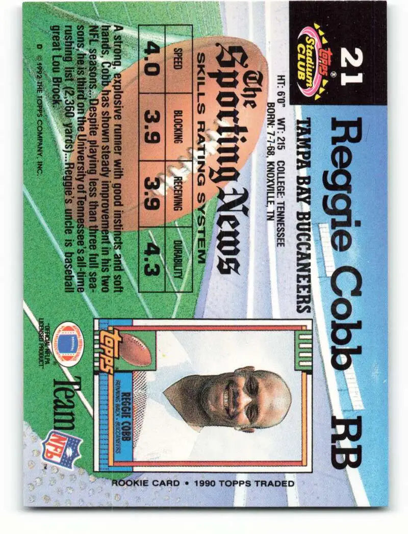 1992 Topps Stadium Club #21 Reggie Cobb EX Excellent Tampa Bay Buccaneers Football Card - Football Card Single