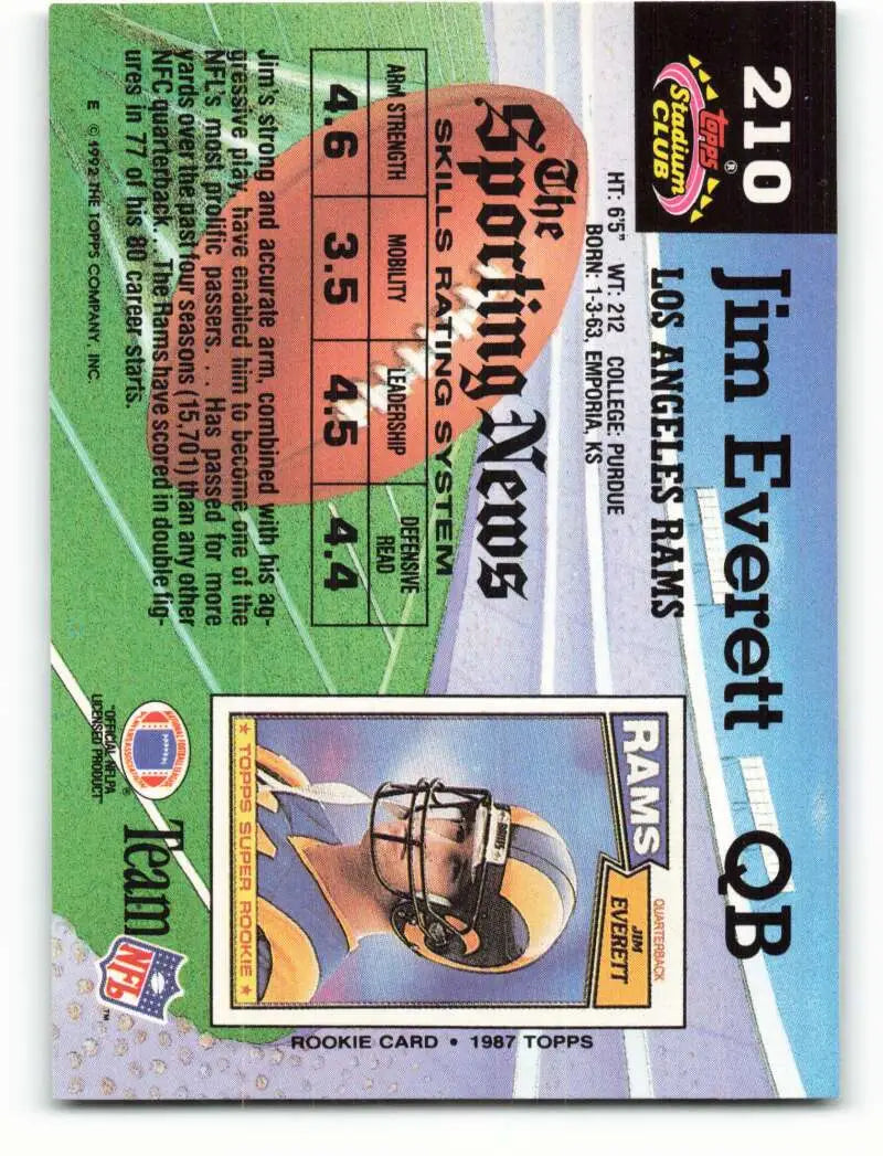 1992 Topps Stadium Club #210 Jim Everett EX Excellent Los Angeles Rams Football Card - Football Card Single