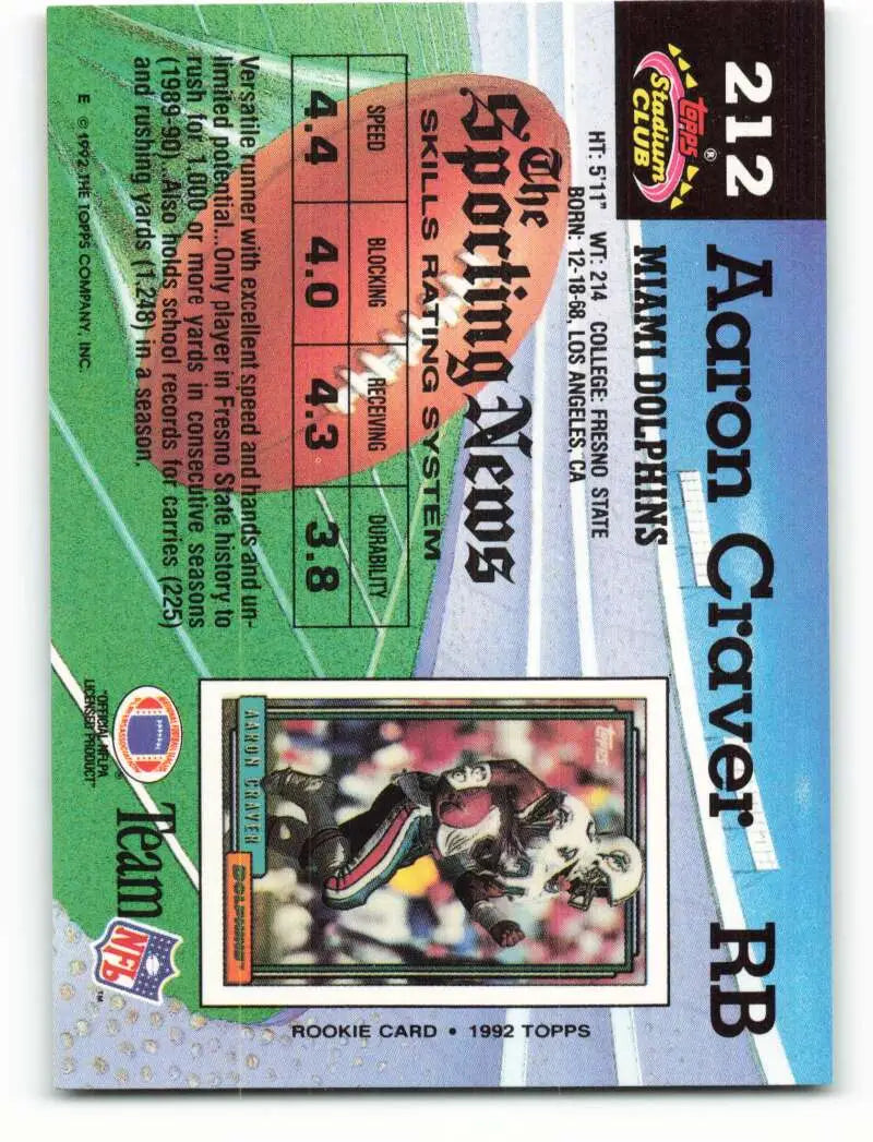 1992 Topps Stadium Club #212 Aaron Craver EX Excellent Miami Dolphins Football Card - Football Card Single