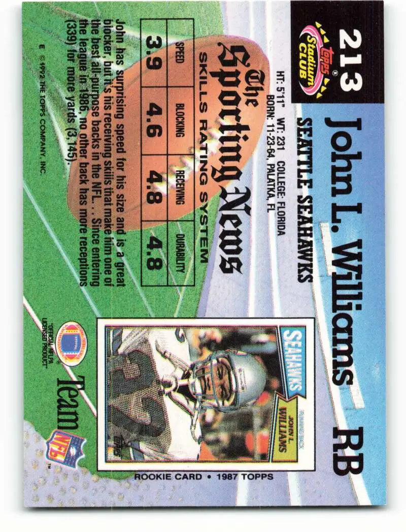 1992 Topps Stadium Club #213 John L. Williams EX Excellent Seattle Seahawks Football Card - Football Card Single