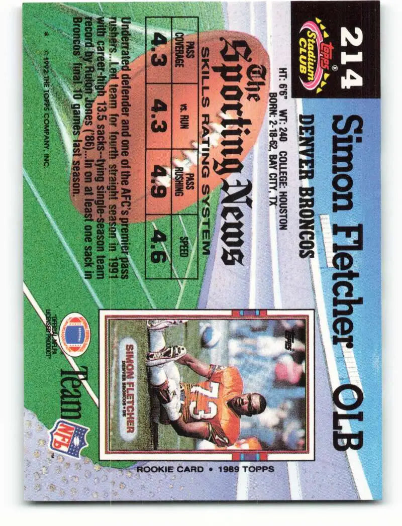1992 Topps Stadium Club #214 Simon Fletcher EX Excellent Denver Broncos Football Card - Football Card Single