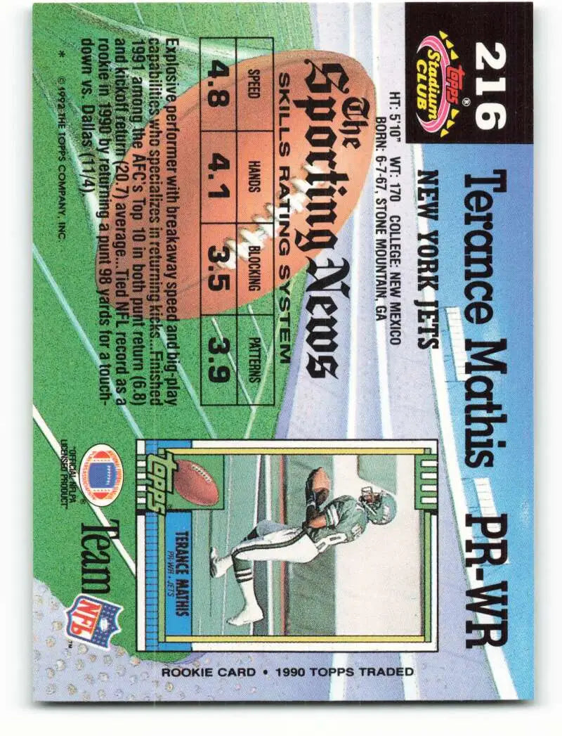 1992 Topps Stadium Club #216 Terance Mathis EX Excellent New York Jets Football Card - Football Card Single