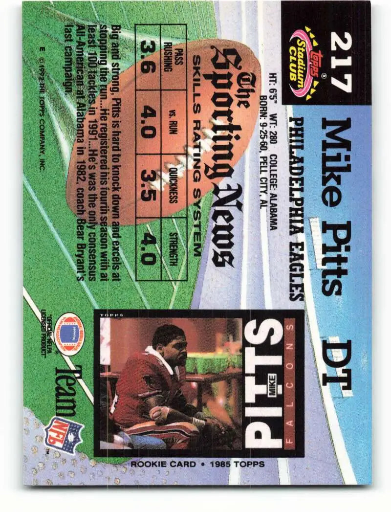 1992 Topps Stadium Club #217 Mike Pitts EX Excellent Philadelphia Eagles Football Card - Football Card Single