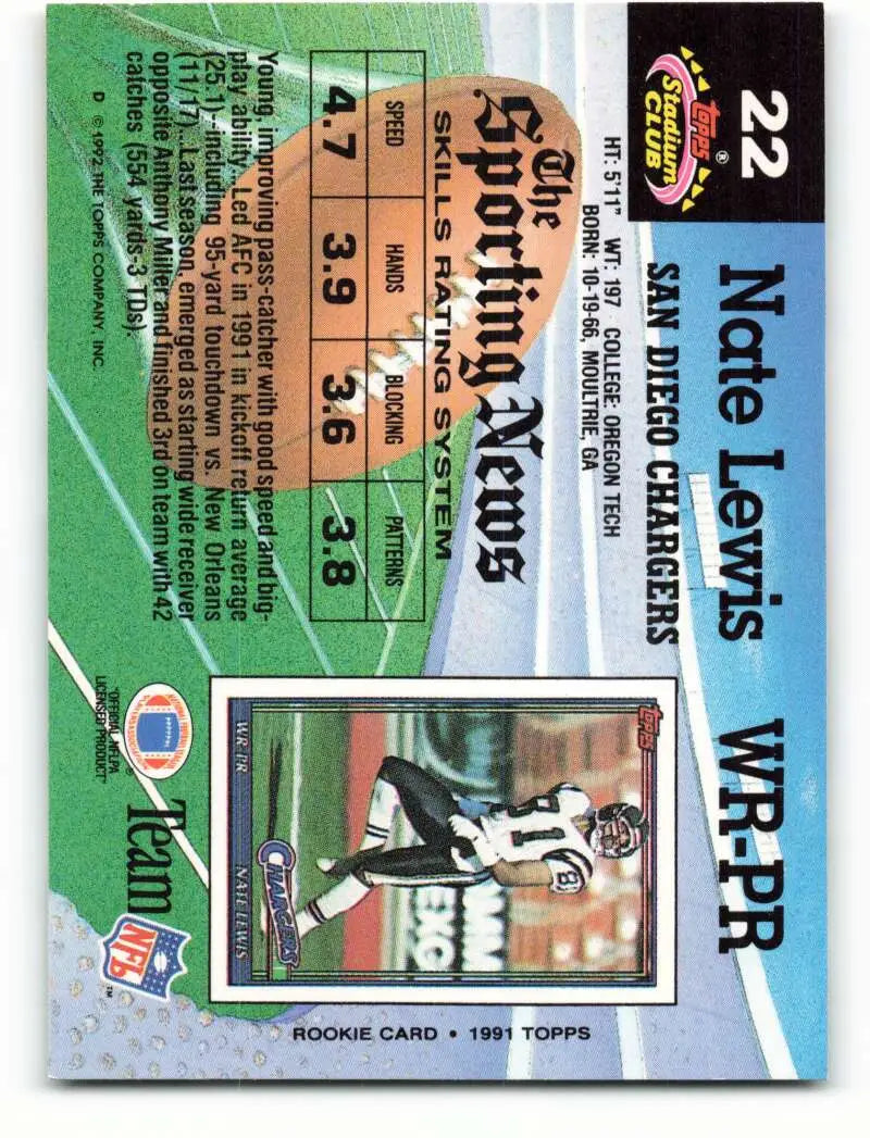 1992 Topps Stadium Club #22 Nate Lewis EX Excellent San Diego Chargers Football Card - Football Card Single
