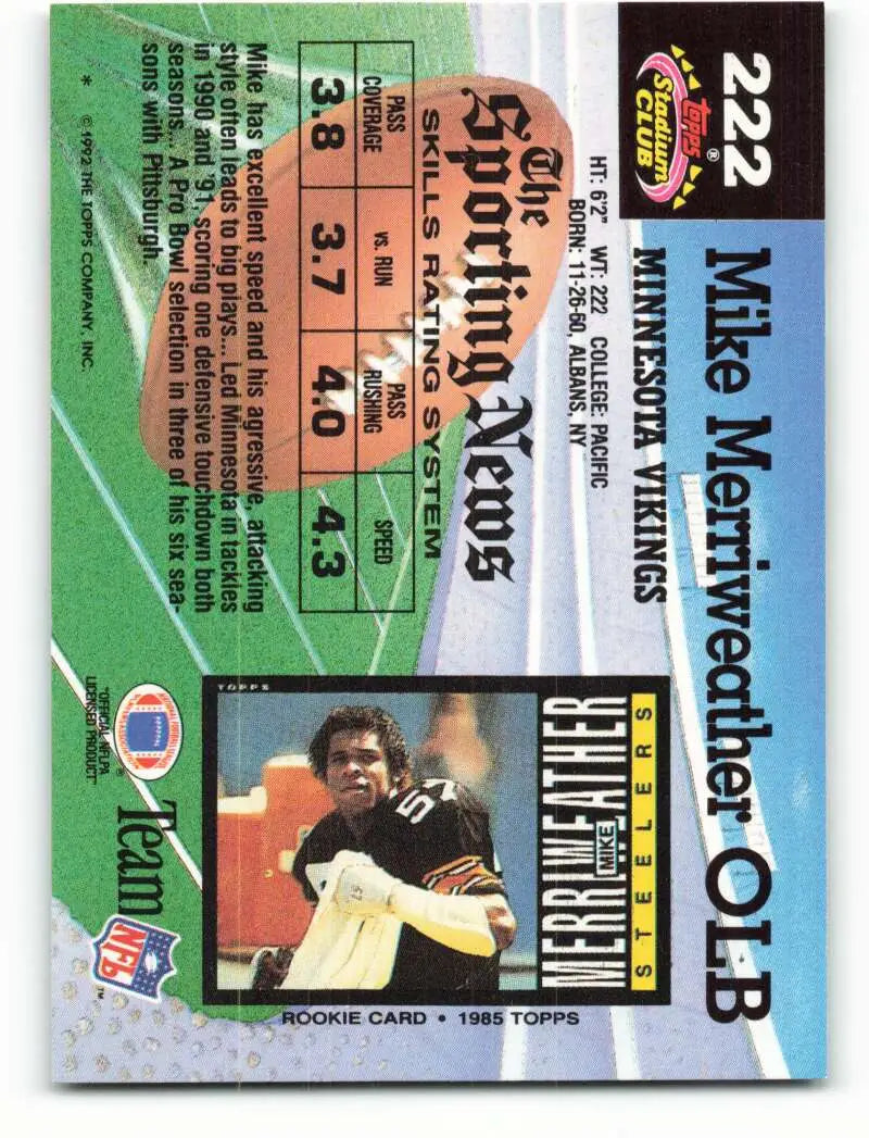 1992 Topps Stadium Club #222 Mike Merriweather EX Excellent Minnesota Vikings Football Card - Football Card Single