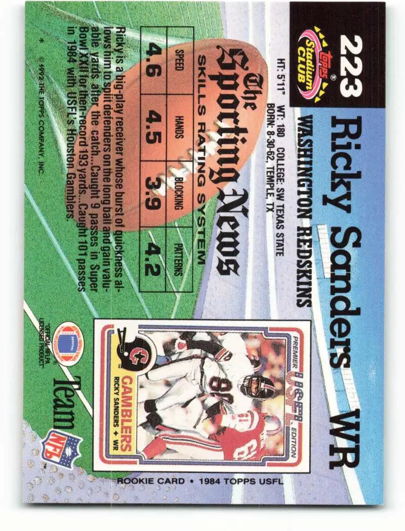 1992 Topps Stadium Club #223 Ricky Sanders EX Excellent Washington Redskins Football Card - Football Card Single