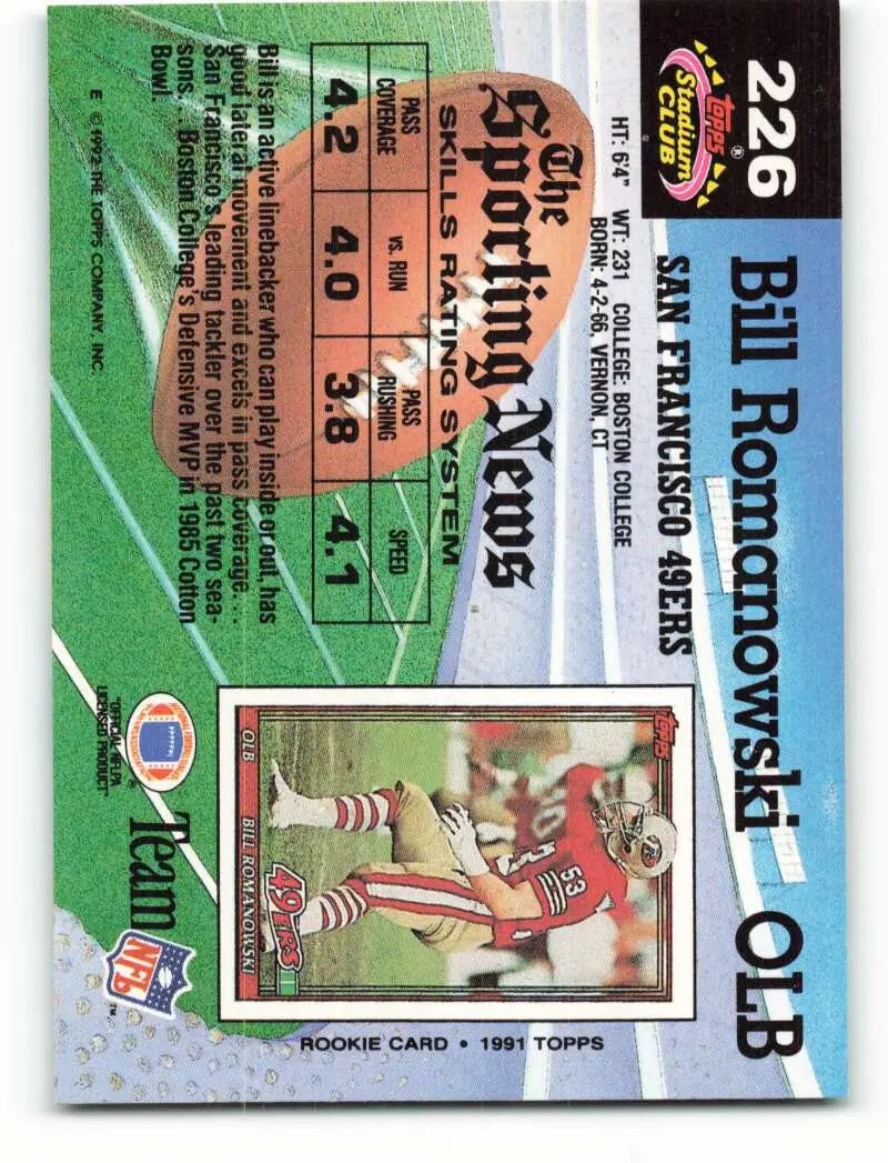 1992 Topps Stadium Club #226 Bill Romanowski EX Excellent San Francisco 49ers Football Card - Football Card Single
