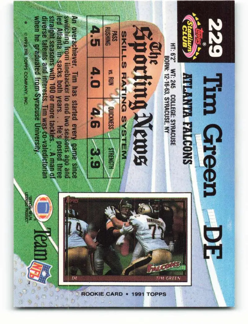 1992 Topps Stadium Club #229 Tim Green EX Excellent Atlanta Falcons Football Card - Football Card Single