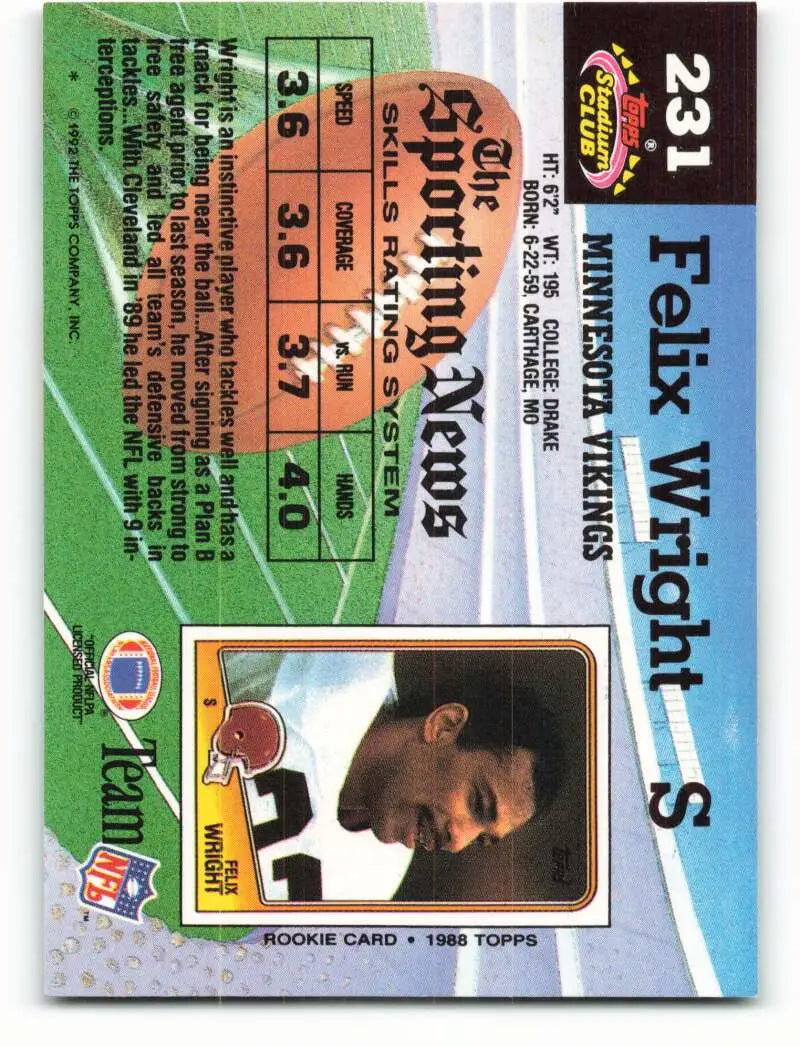 1992 Topps Stadium Club #231 Felix Wright EX Excellent Minnesota Vikings Football Card - Football Card Single