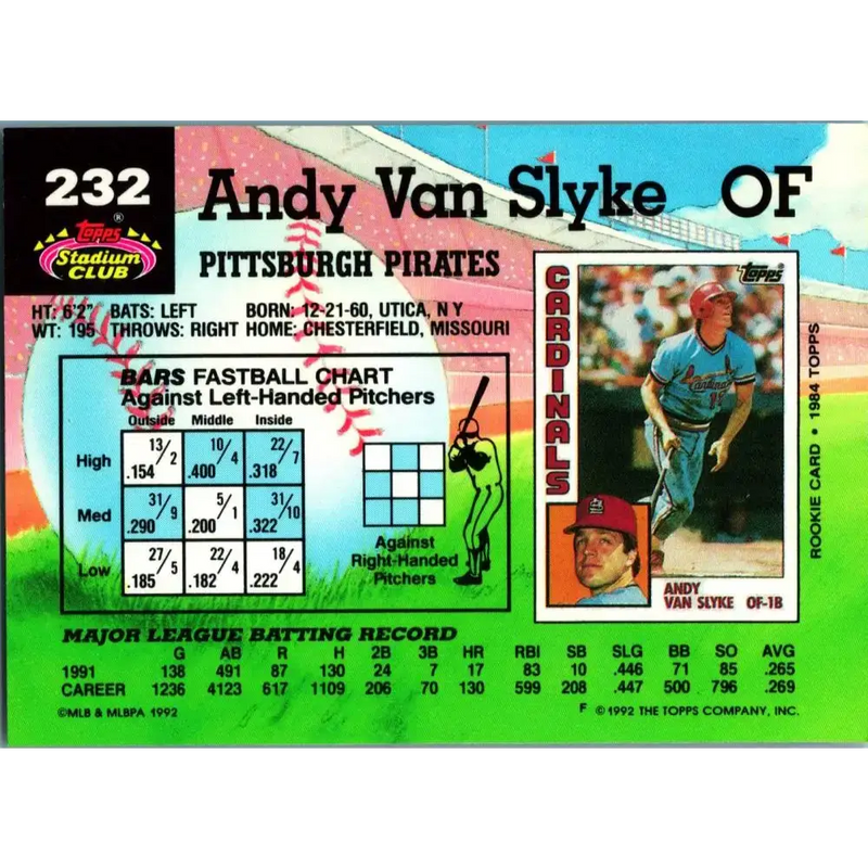 1992 Topps Stadium Club #232 Andy Van Slyke NM-MT Pittsburgh Pirates Baseball Card - Baseball Card Single