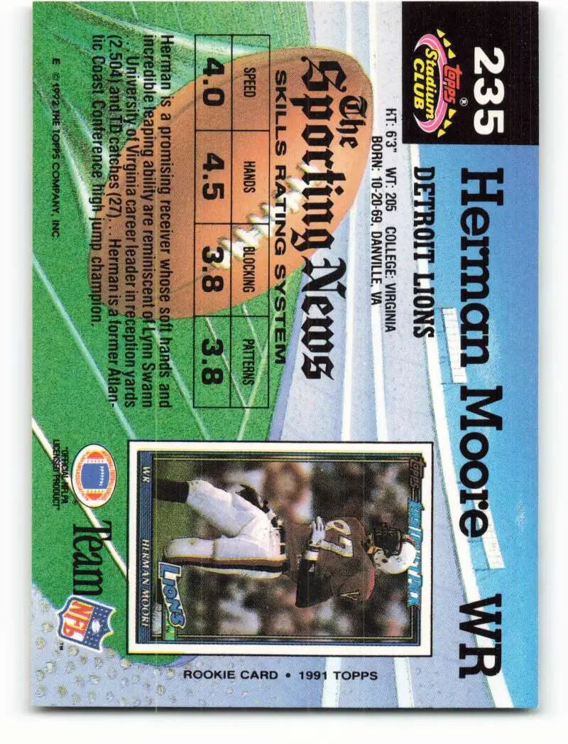 1992 Topps Stadium Club #235 Herman Moore EX Excellent Detroit Lions Football Card - Football Card Single