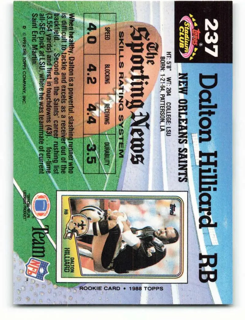 1992 Topps Stadium Club #237 Dalton Hilliard EX Excellent New Orleans Saints Football Card - Football Card Single