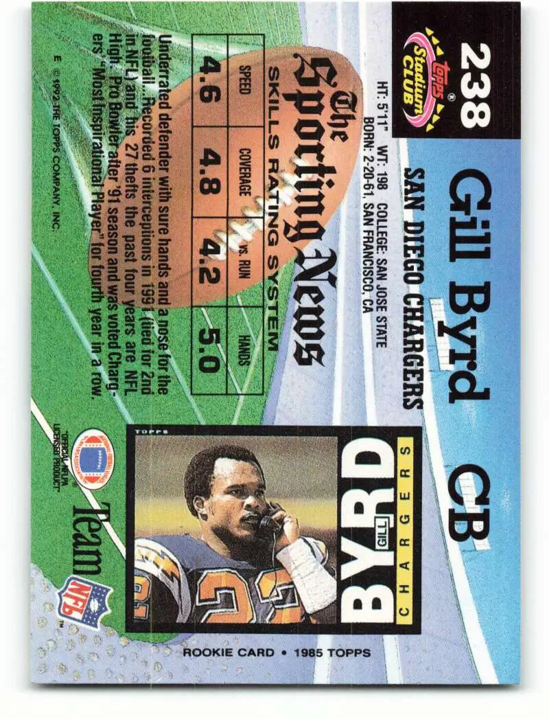 1992 Topps Stadium Club #238 Gill Byrd EX Excellent San Diego Chargers Football Card - Football Card Single