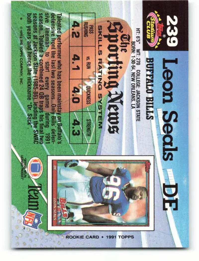 1992 Topps Stadium Club #239 Leon Seals EX Excellent Buffalo Bills Football Card - Football Card Single