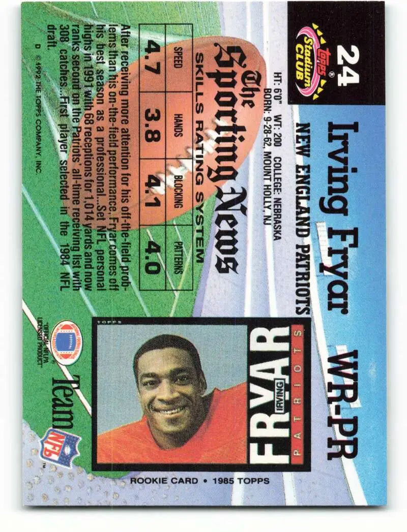 1992 Topps Stadium Club #24 Irving Fryar EX Excellent New England Patriots Football Card - Football Card Single