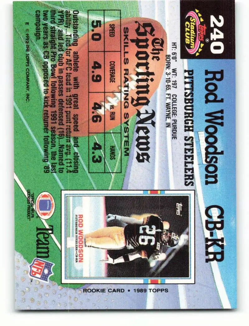 1992 Topps Stadium Club #240 Rod Woodson EX Excellent Pittsburgh Steelers Football Card - Football Card Single