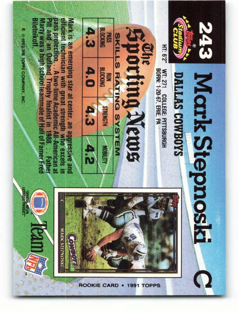 1992 Topps Stadium Club #243 Mark Stepnoski EX Excellent Dallas Cowboys Football Card - Football Card Single