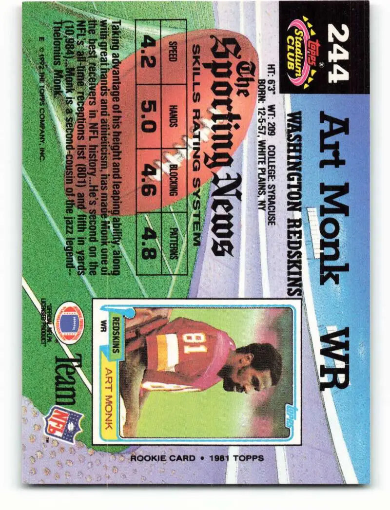 1992 Topps Stadium Club #244 Art Monk EX Excellent Washington Redskins Football Card - Football Card Single