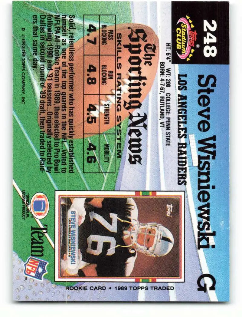 1992 Topps Stadium Club #248 Steve Wisniewski EX Excellent Los Angeles Raiders Football Card - Football Card Single