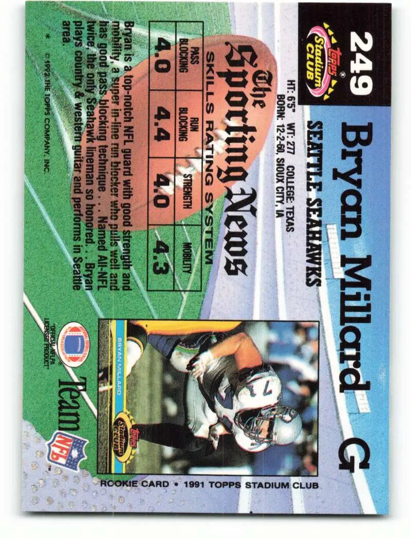 1992 Topps Stadium Club #249 Bryan Millard EX Excellent Seattle Seahawks Football Card - Football Card Single