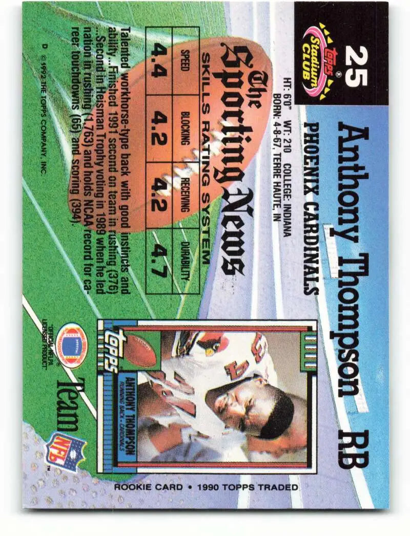 1992 Topps Stadium Club #25 Anthony Thompson EX Excellent Phoenix Cardinals Football Card - Football Card Single