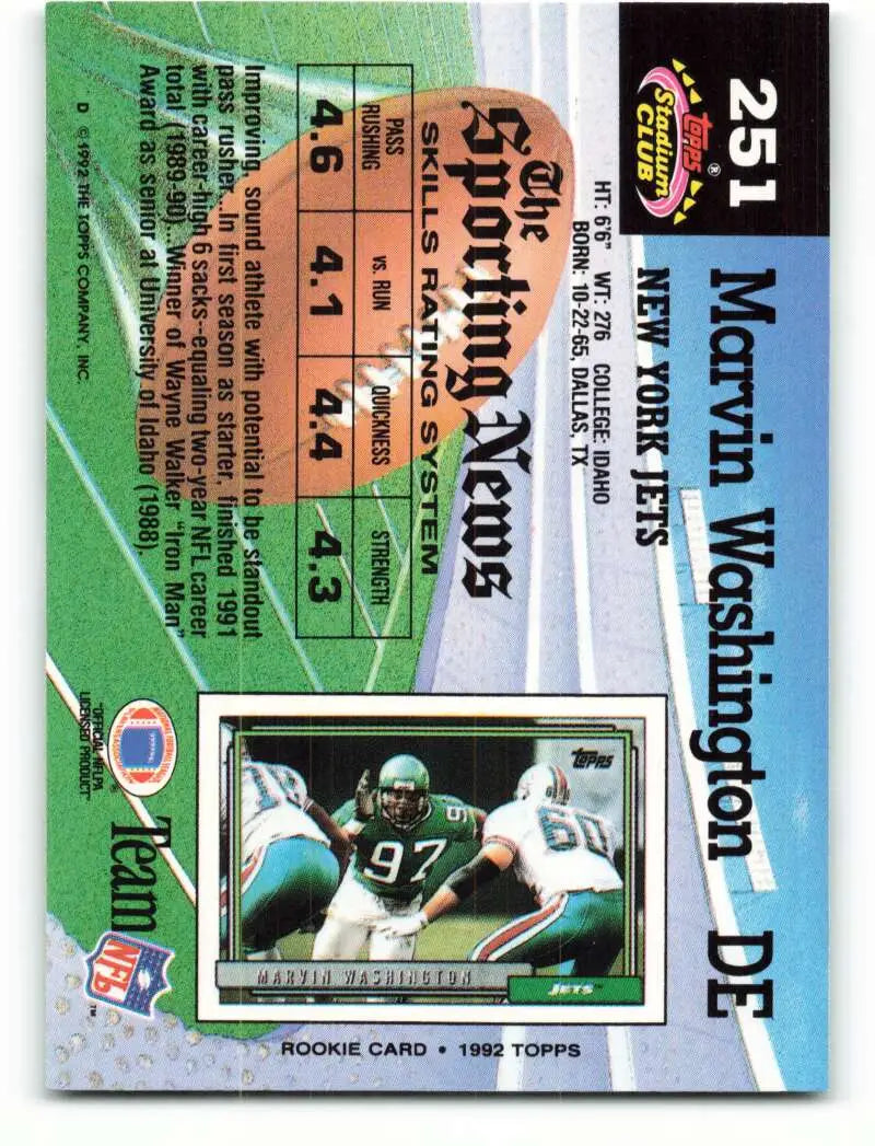1992 Topps Stadium Club #251 Marvin Washington EX Excellent New York Jets Football Card - Football Card Single