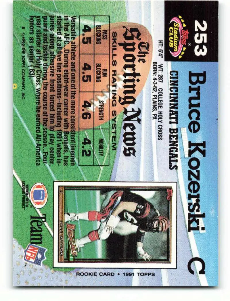 1992 Topps Stadium Club #253 Bruce Kozerski EX Excellent Cincinnati Bengals Football Card - Football Card Single