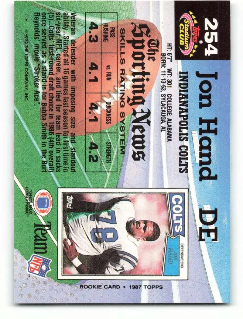 1992 Topps Stadium Club #254 Jon Hand EX Excellent Indianapolis Colts Football Card - Football Card Single