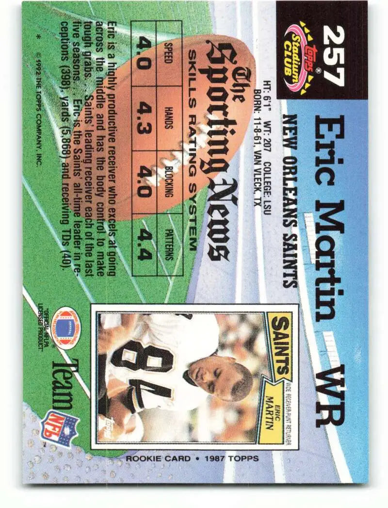 1992 Topps Stadium Club #257 Eric Martin EX Excellent New Orleans Saints Football Card - Football Card Single