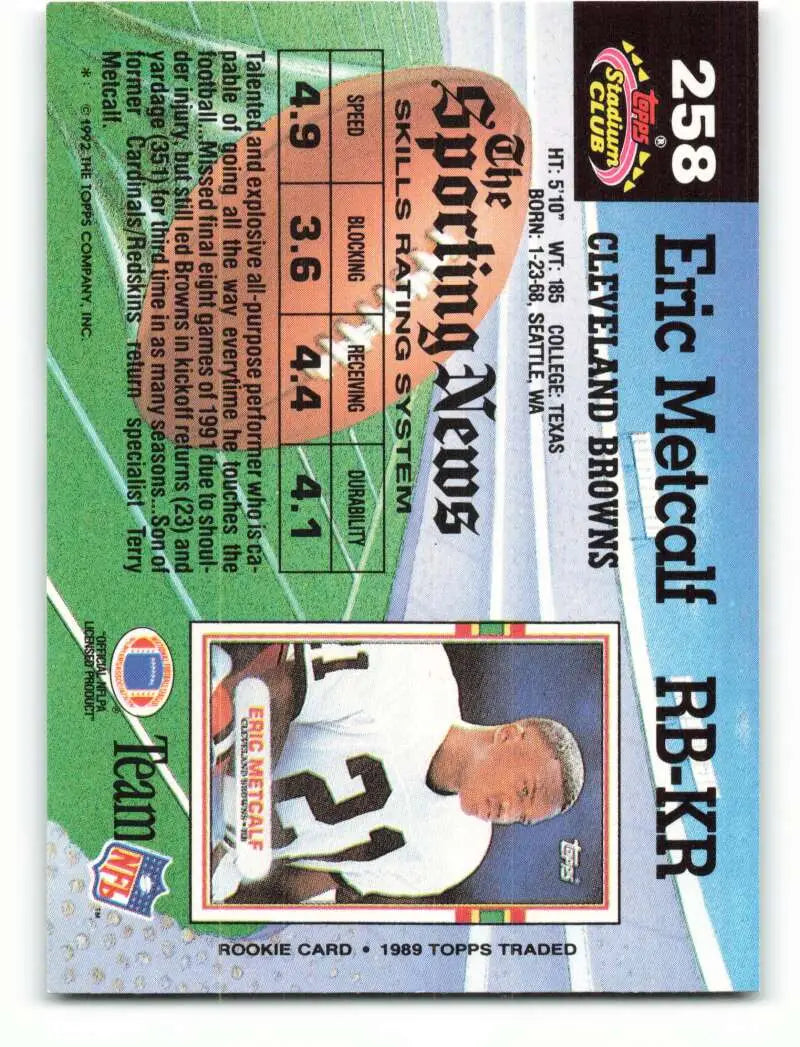 1992 Topps Stadium Club #258 Eric Metcalf EX Excellent Cleveland Browns Football Card - Football Card Single